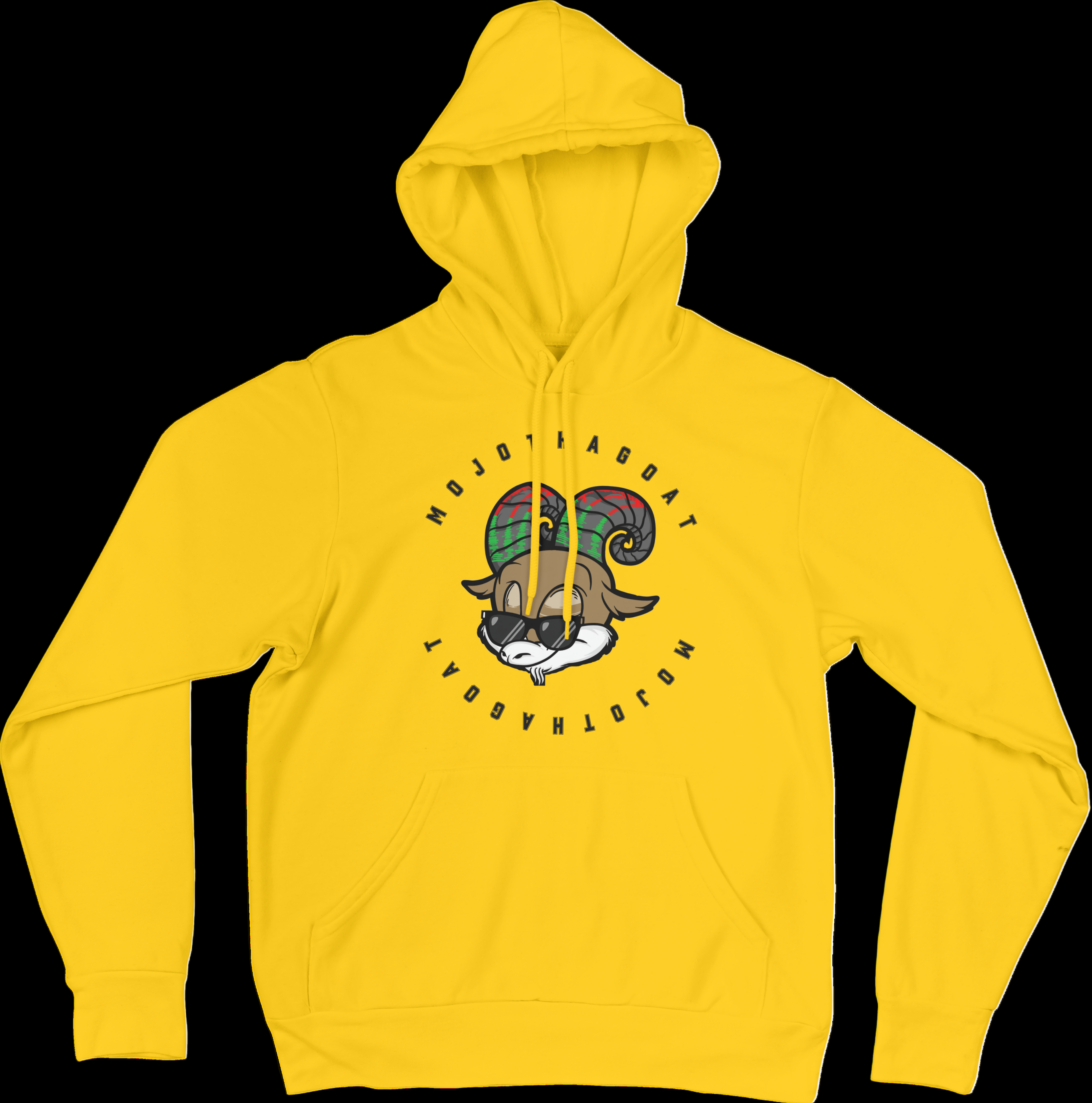 Yellow hoodie with a graphic design on a black background